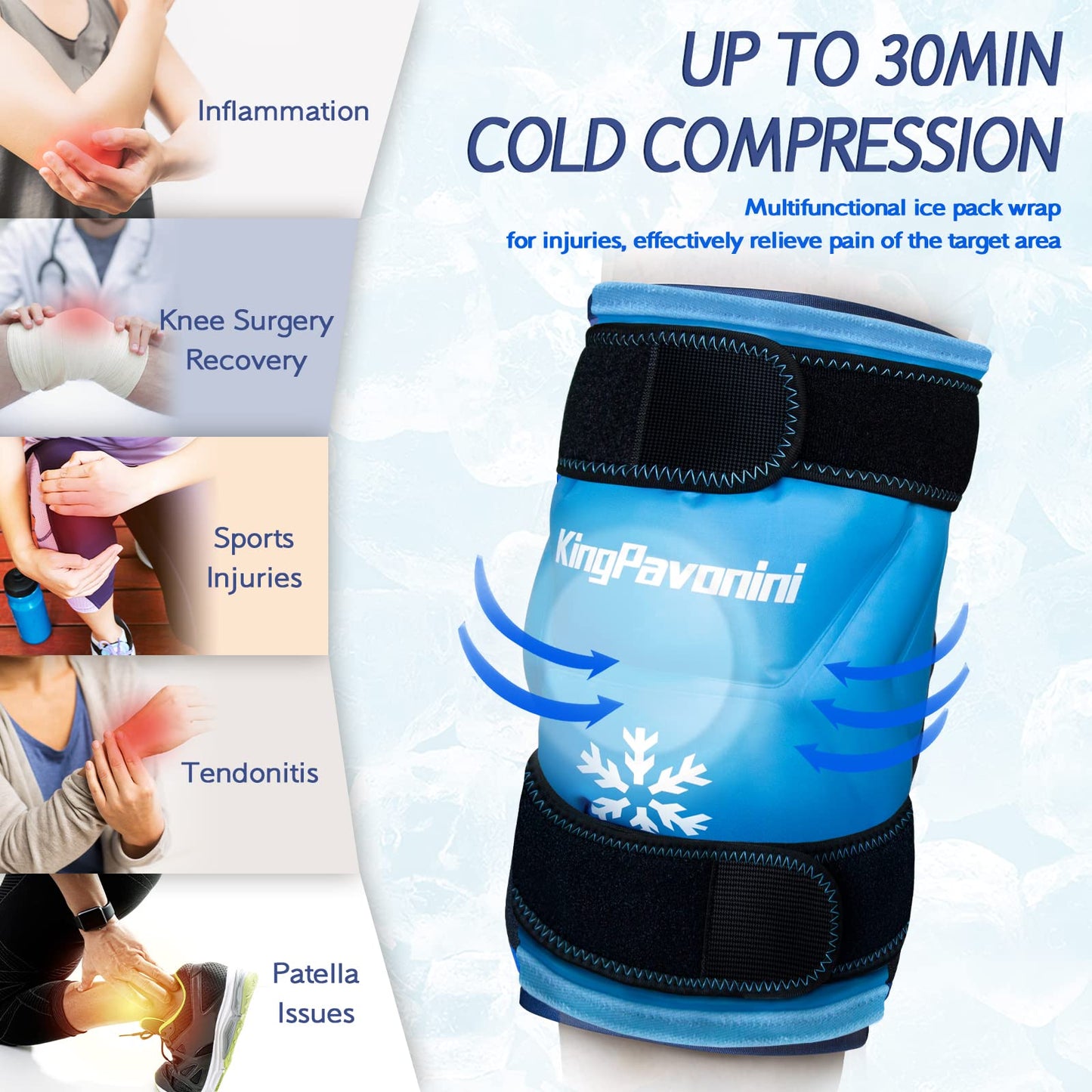KingPavonini XXL Knee Ice Pack Wrap Around Entire Knee After Surgery, Large Reusable Gel Ice Pack for Injuries, Pain Relief, Swelling, Sports Injuries, 1 Pack (Sky-Blue)