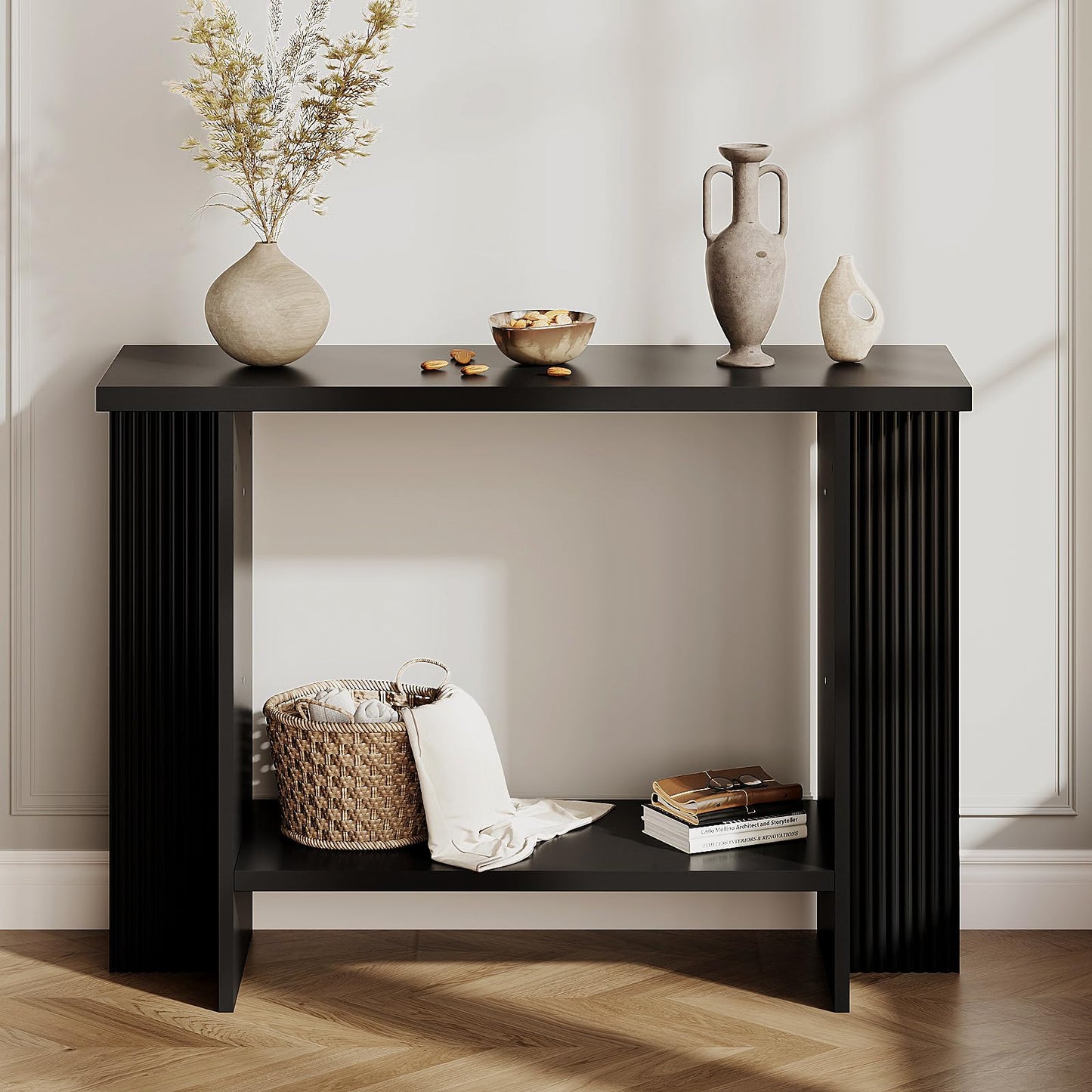 Trironsun Fluted Console Table for Small Spaces 2-Tier Storage Narrow Entryway Table with Solid Wood Cross Base Mid-Century Modern Sofa Table for Hallway Living Room Behind Couch