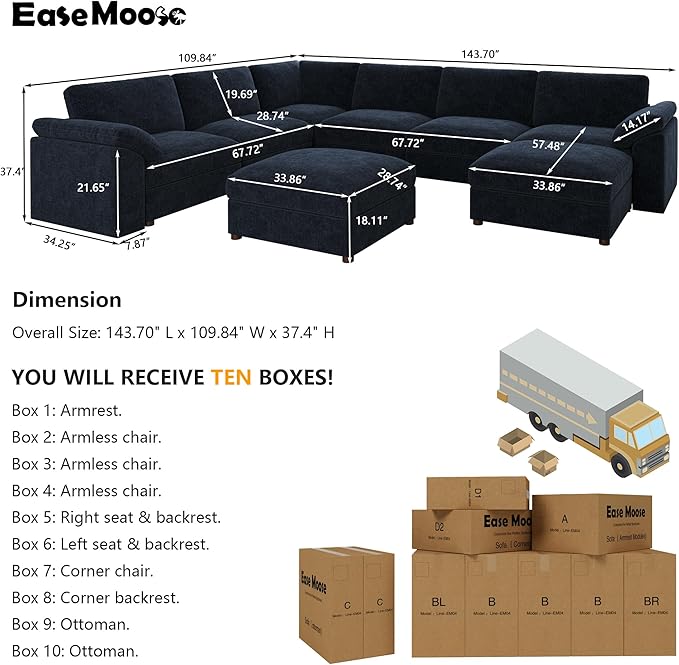 EASE MOOSE Modular Sofa,Oversized U Shape Sectional Modular Sofa,Wide Deep seat Sectional Sofa,FSC Certified Comfortable
