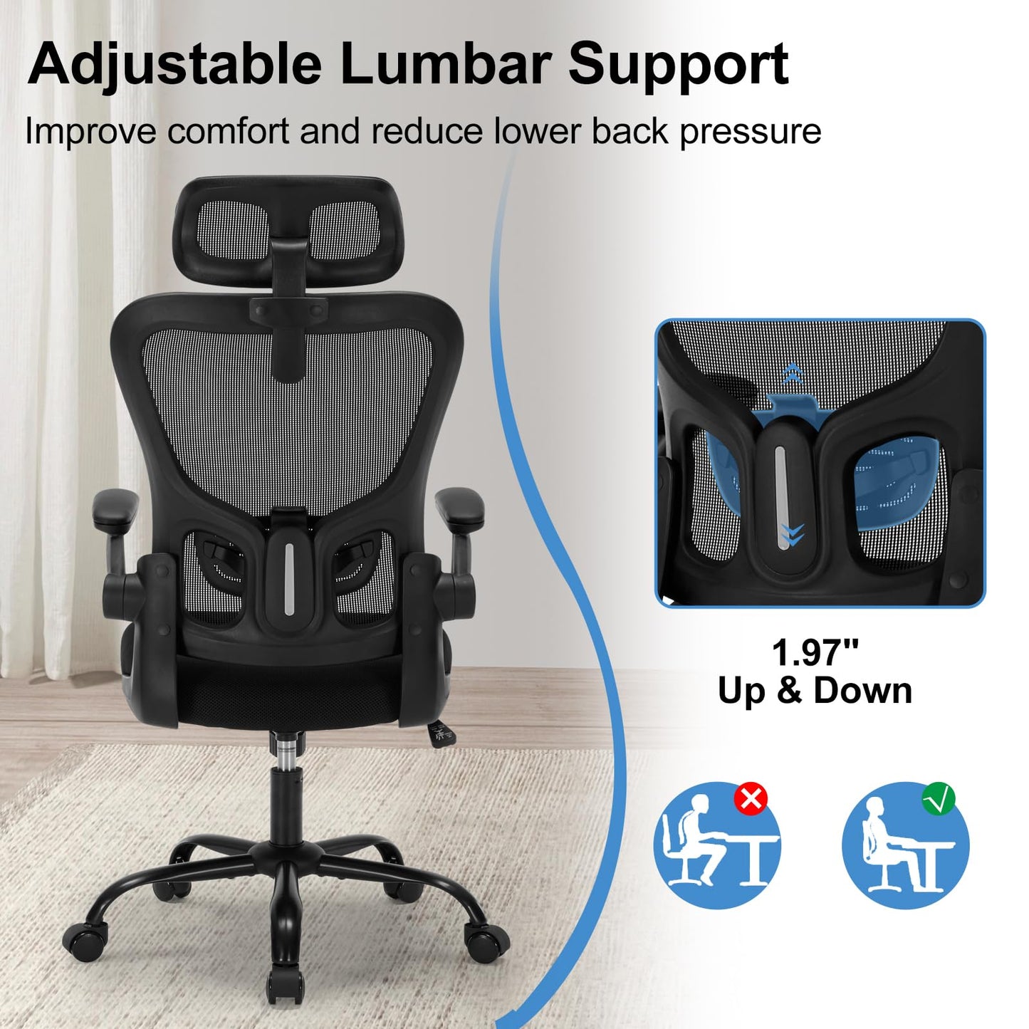 Office Chair Ergonomic Desk Chair High Back Mesh Computer Chair with Adjustable Lumbar Support & Headrest, Flip-Up Armrests, 300lbs Capacity 360 Swivel Chair for Home Office, Black