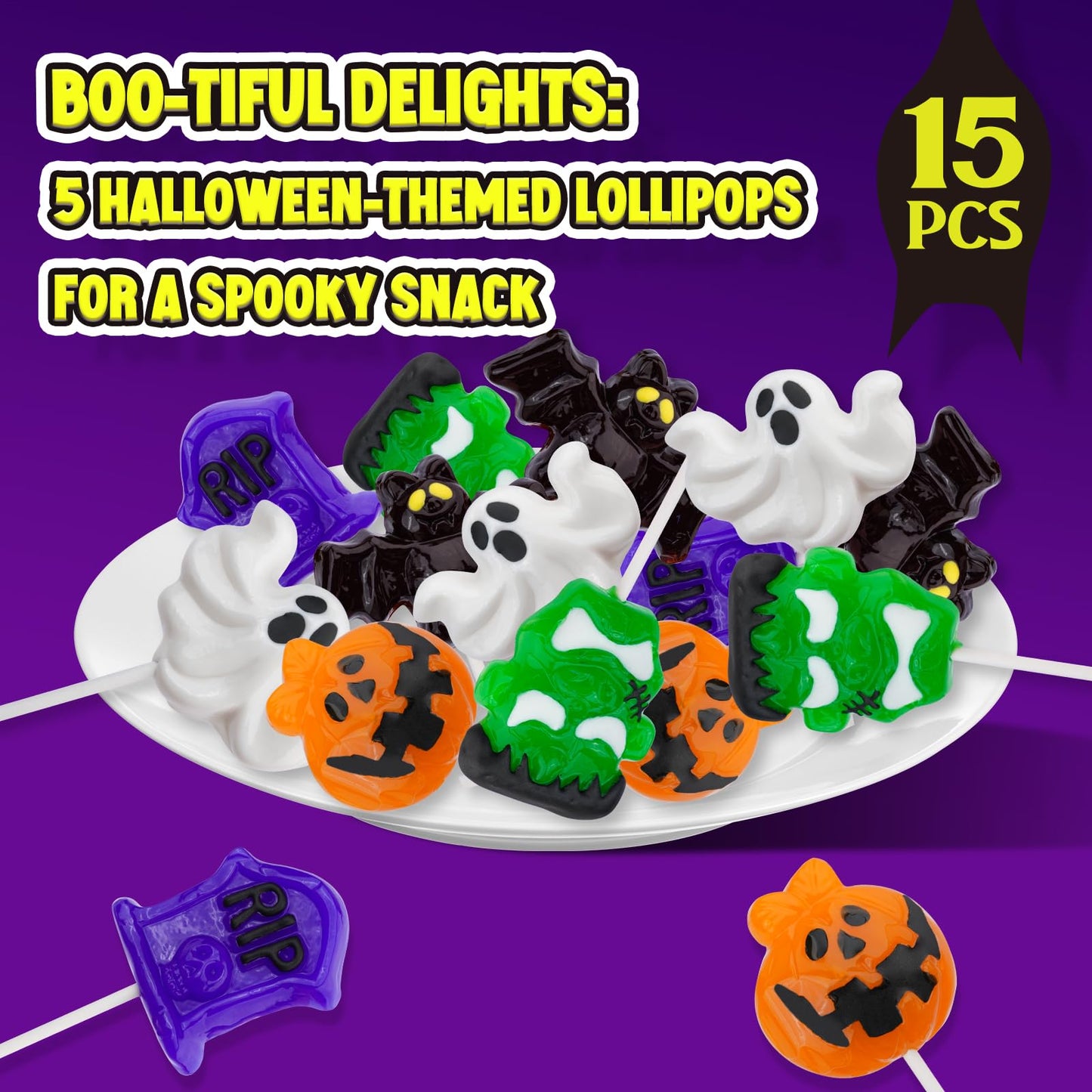 Amos Halloween Candy Lollipop, Monster Variety Suckers Individually Wrapped, Spooky Candies for Trick or Treat (6.35oz,15 Pcs)
