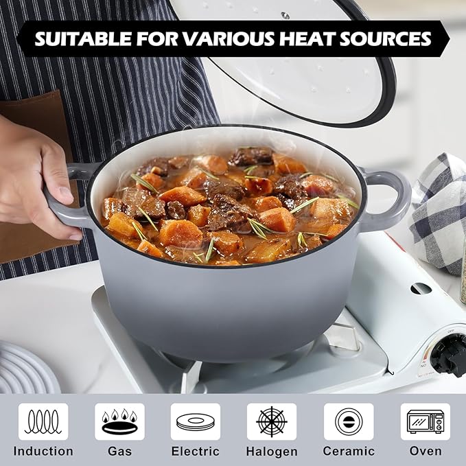 TeamFar Enameled Cast Iron Dutch Oven, 6QT Nonstick Dutch Oven Pot with Lid & Dual Handles for Bread Baking Cooking Braising Simmer Roasting, Non Toxic & Heavy Duty, Multi Stoves & Oven Safe - Gray