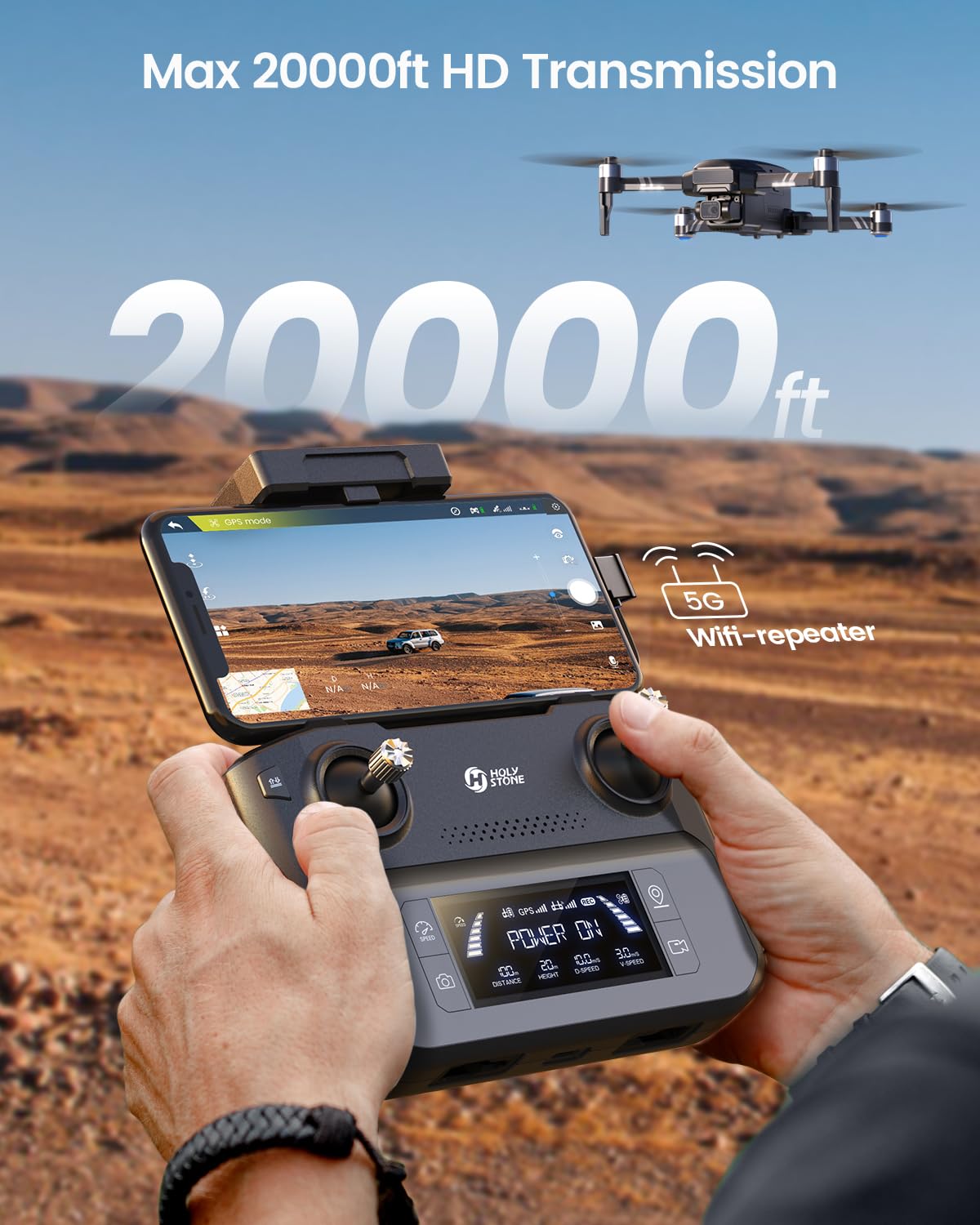 Holy Stone HS600 2-Axis Gimbal Drones with Camera for Adults 4K EIS, Integrated Remote ID, 20000 FT Range Transmission, GPS Drone with Brushless Motors, 4K/30FPS, Follow Me, Level 6 Wind Resistance