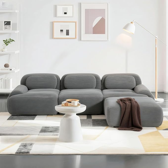 SoarFlash 117" Modern L-Shaped Modular Sectional Sofa for Living Room, Corduroy Upholstery Oversized 3-Seater Couch with Deep Seat and Movable Ottoman-No Assembly, Grey