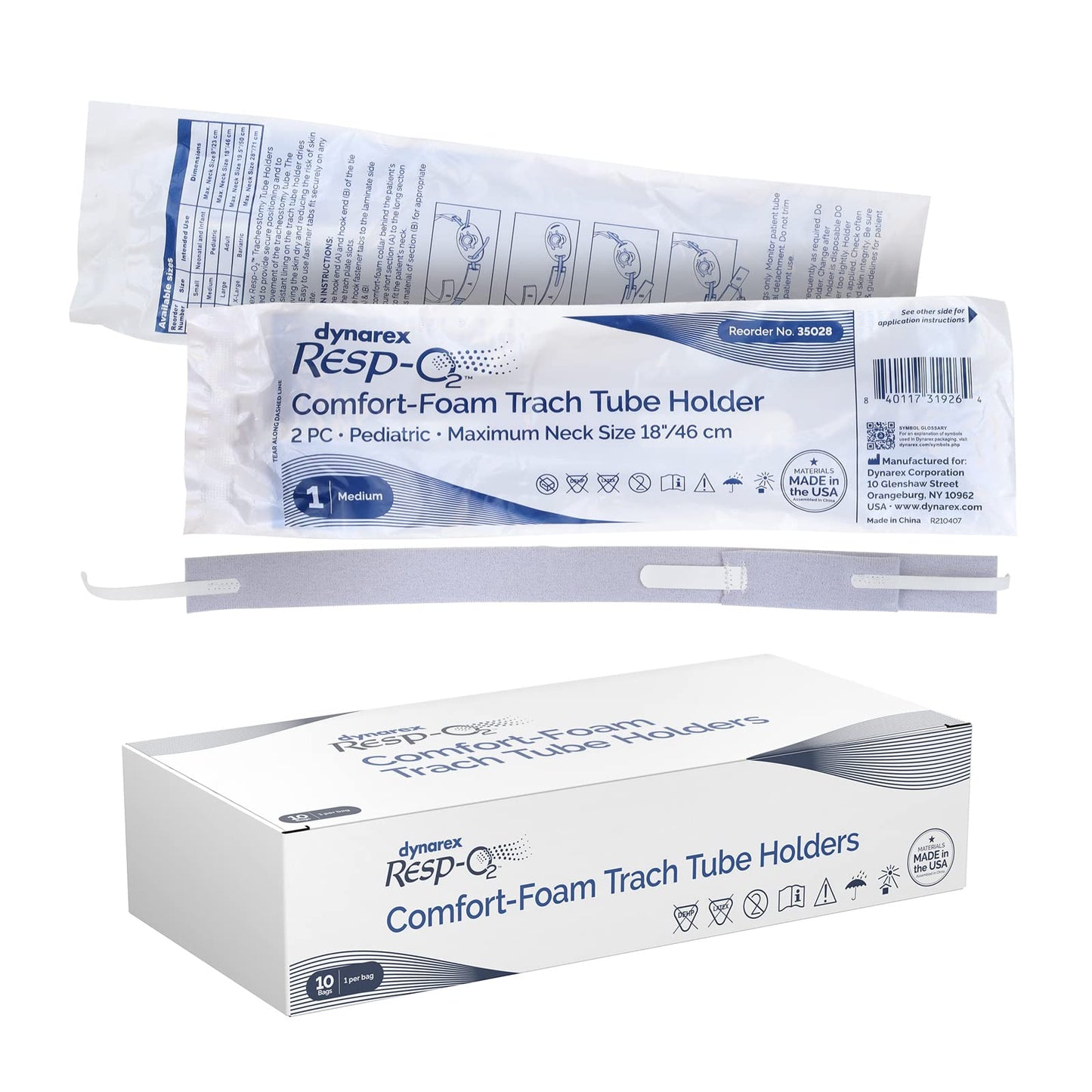 Dynarex Comfort-Foam Tracheostomy Tube Holder - with Soft Foam Tube Padding & Secure Hook & Loop Closure, Supports & Stabilizes Airflow - Tracheostomy Supplies - 2 Piece, Medium, Box of 10