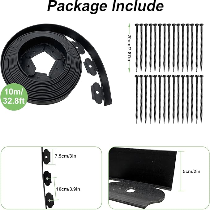 Garden Edging Border 33ft, 2in Tall Plastic Straight Top Lawn Edging Landscaping Edging Kit with 50pcs Spikes for Paver Edging, Grass Edging, Flower Beds, Yard, Black