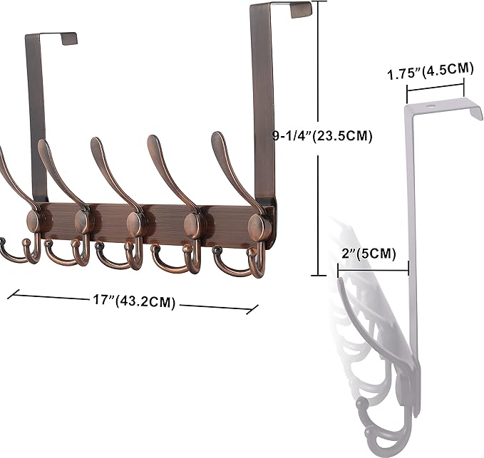 Dseap Over The Door Hook Hanger - 5 Tri Hooks, Heavy Duty Over The Door Towel Rack Coat Rack for Clothes Hat Towel,Red Antique Copper, 2 Packs