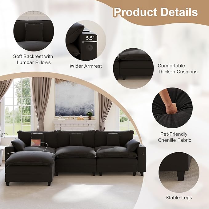 KCGKCG 116" Modular Sectional Sofa, L Shaped Cloud Couch with Movable Ottoman, Chenille Deep Seat Cloud Sofa with Charging Station, Cup Holder, Side Pocket, Sectional Couches for Living Room, Black
