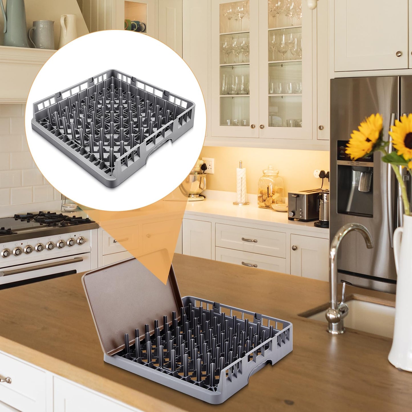 Aurelema 1 Pack Commercial Dishwasher Tray Rack Polypropylene Full Size Flatware Rack for Bowls Plates Knives Forks Cups (Peg Dish Opening,Gray)
