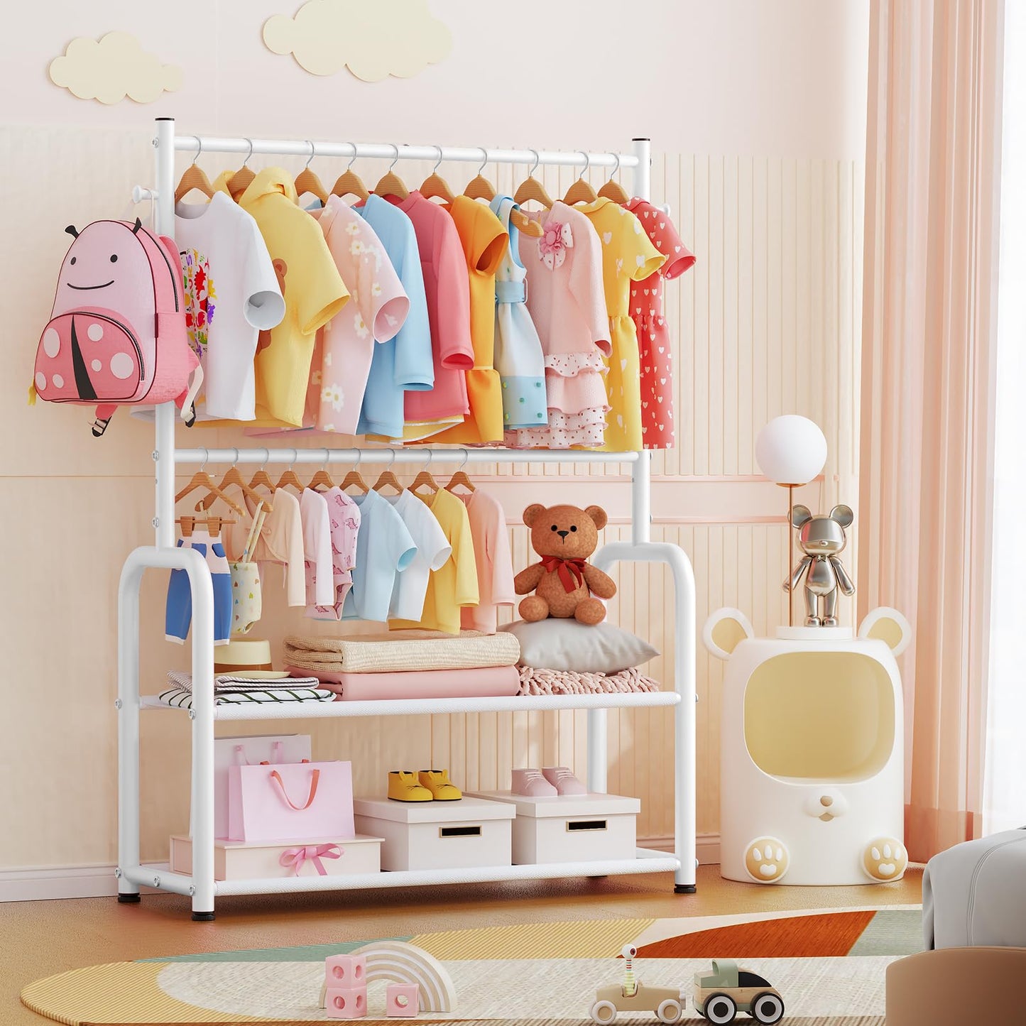 ZHKINGGS Kids Clothing Rack with 2-Layer Storage Shelf and 2 Adjustable Hanging Rods, Small Baby Closet Organizer for Hanging Clothes, Kids Dress Up Rack for Child (Classic, White)