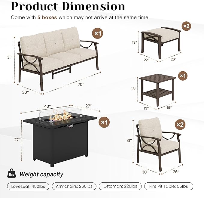 FansaFurn 7-Pieces Outdoor Patio Furniture Set with 43" Fire Pit Table, Outdoor Metal Sectional Sofa with Cushions, Outdoor Conversation Set for Garden, Balcony, Deck, Backyard, Khaki