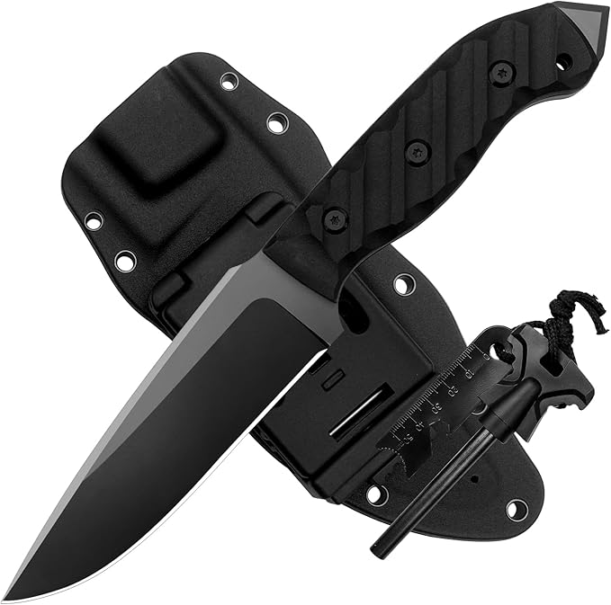 Survival Knife w Kydex Sheath,D2 Fixed Blade Steel,Full Tang Hunting Knife w Non-slip ABS Handle, Glass Breaker, Ideal for...