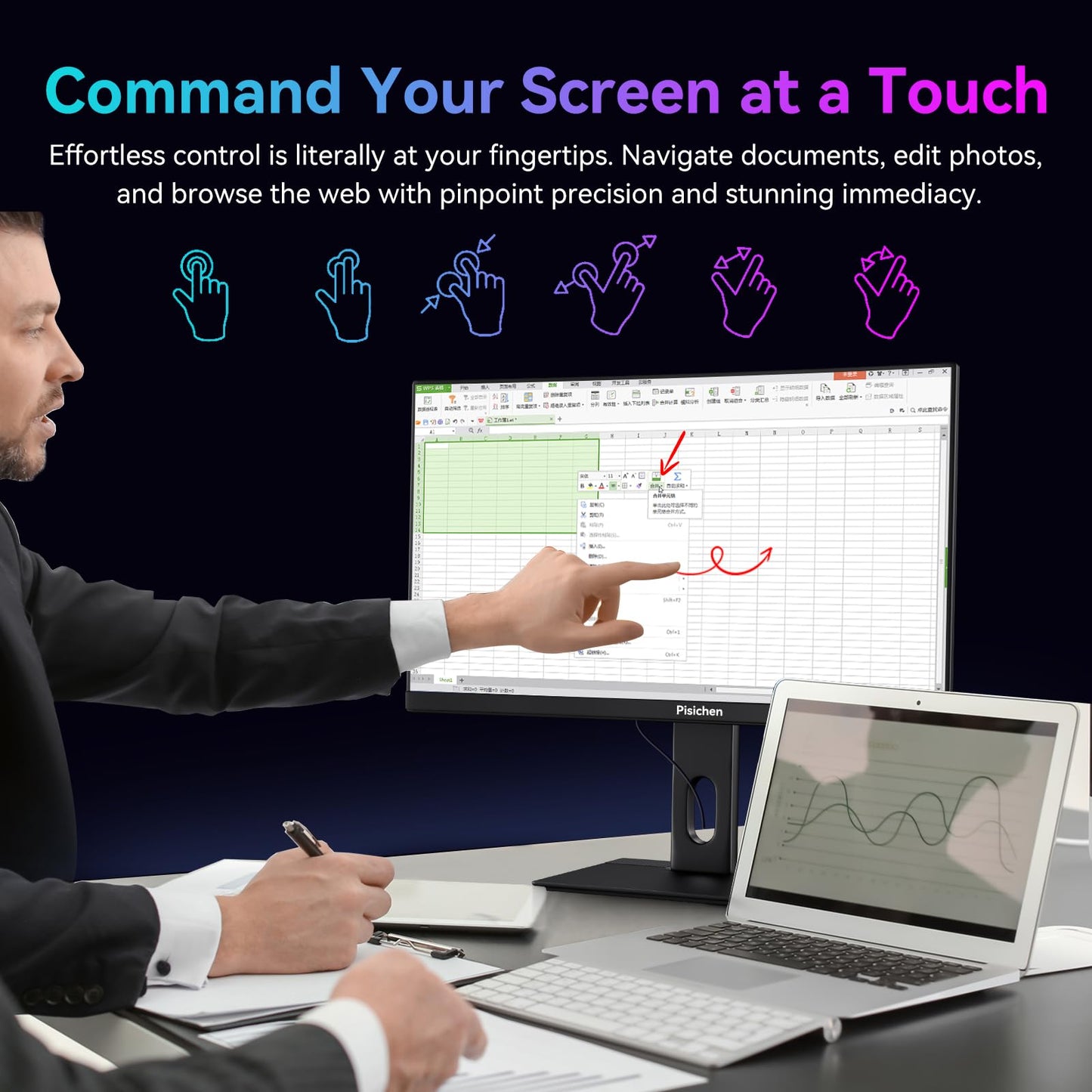 Pisichen Curved 27 Inch Touchscreen Monitor, QHD 2K 2560x1440 85Hz Computer Monitor, 99% sRGB, Built-in Adaptive Sync, with Display Port HDMI, Eye Care, VESA