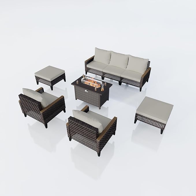 8 Pieces Outdoor Furniture Set, Modern Patio Conversation Sets with Fire Pit Table and Armchairs, Wicker Rattan Sofa Couches Chairs Ottomans for Porch, Deck, Balcony, Backyard, Yard (Beige Cushions)