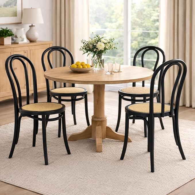 DM Furniture Solid Wood Dining Chairs Set of 4 Mid-Century Modern Rattan Kitchen Room Chairs with Backrest Bentwood Bistro Chairs for Dining/Living Room,Cafe, Black Wood