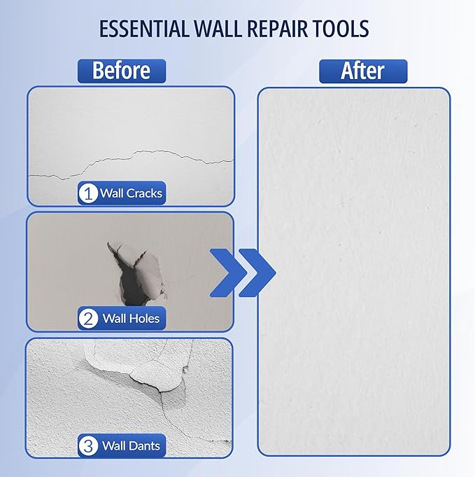 Wall Patch Repair Kit – 2 × 4″ Self-Adhesive Aluminum Mesh Patches with Small & Medium Scrapers & 2 × P180 Sandpapers | Quick-Fix Drywall Hole Patch Kit for Sheetrock, Plaster & Ceiling Crack Repair