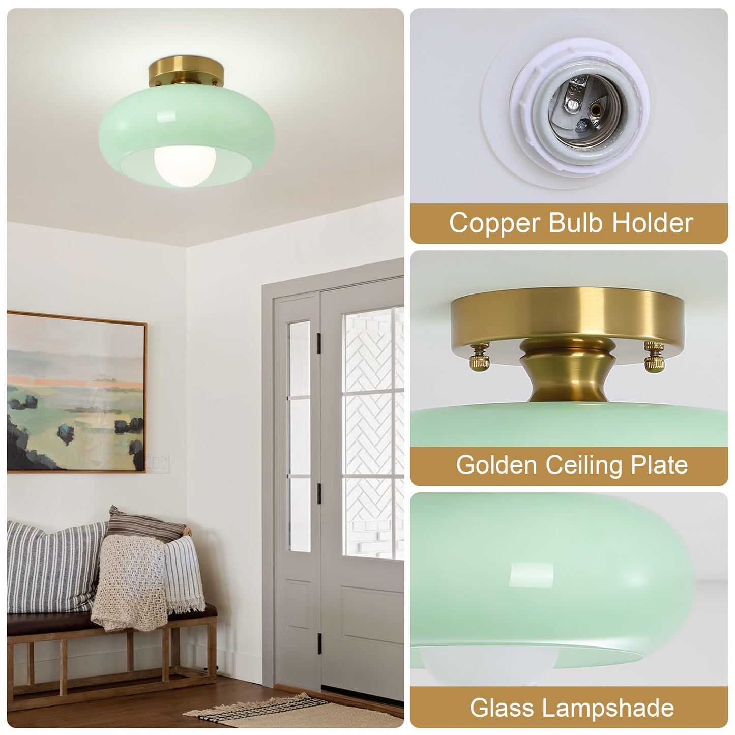 Yunnix Flush Mount Ceiling Light Hallway Light Fixtures Glass Light for Bedroom Kitchen Dining Room Hallway Globe Gold Base Light Green 11.02 inch