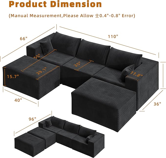 CABZOON 110" Cloud Couch Sectional for Living Room U-Shape Boneless Couches Modular Sectional Sofa with Deep Seat with Chaise,No Assembly Required, Carbon Black(Plush Corduroy Fabric)