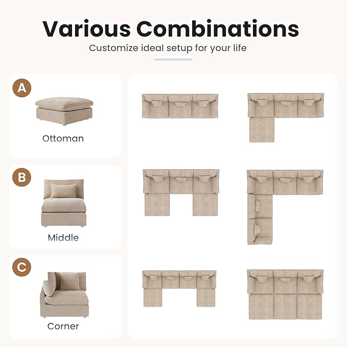Cloud Modular Sectional Sofa with Ottoman,192" Sectional Sofa Bed Sleeper Couch for Living Room,Convertible Couch Deep Seat 9 Seater for Office Apartment,Covers Washable&Replaceable,Khaki