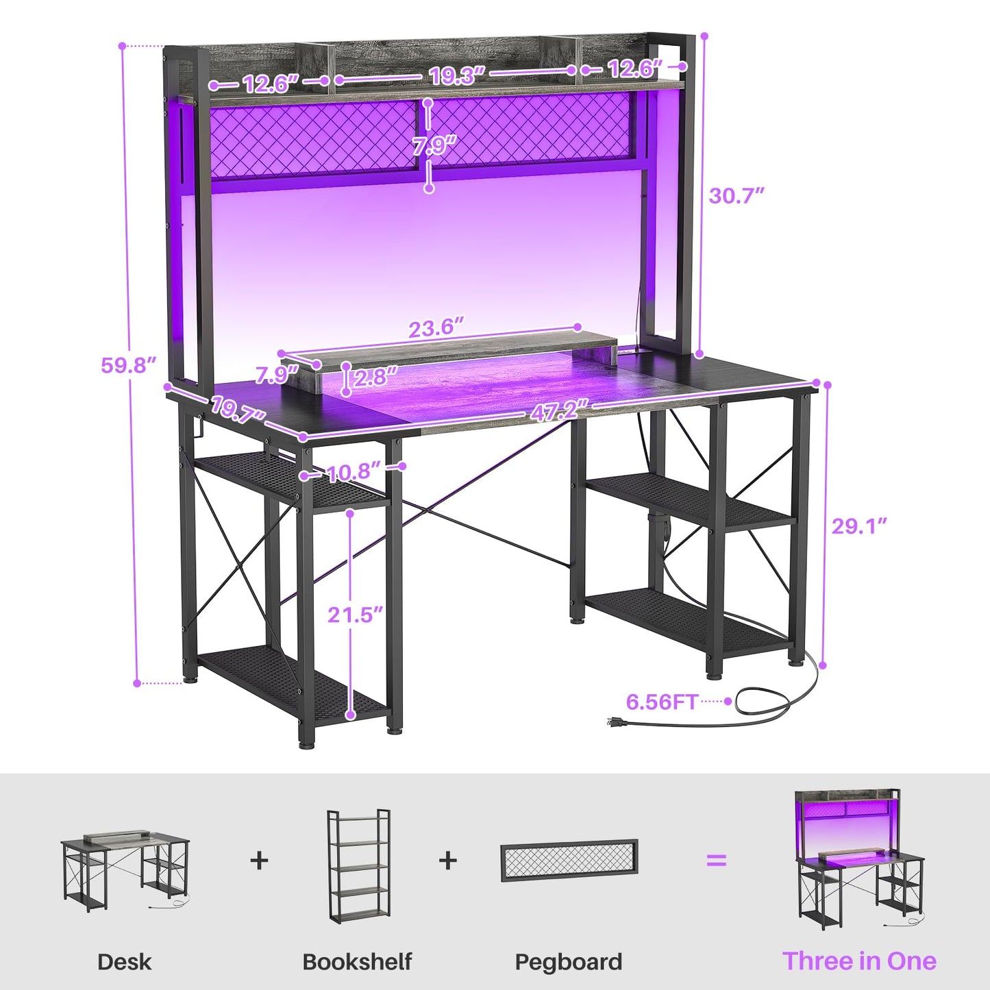 armocity 2024 Upgrade Gaming Desk with Hutch, 48'' Magic Computer Desk with LED and Outlets, Reversible Workstation Desk with Pegboard, Oak and Black