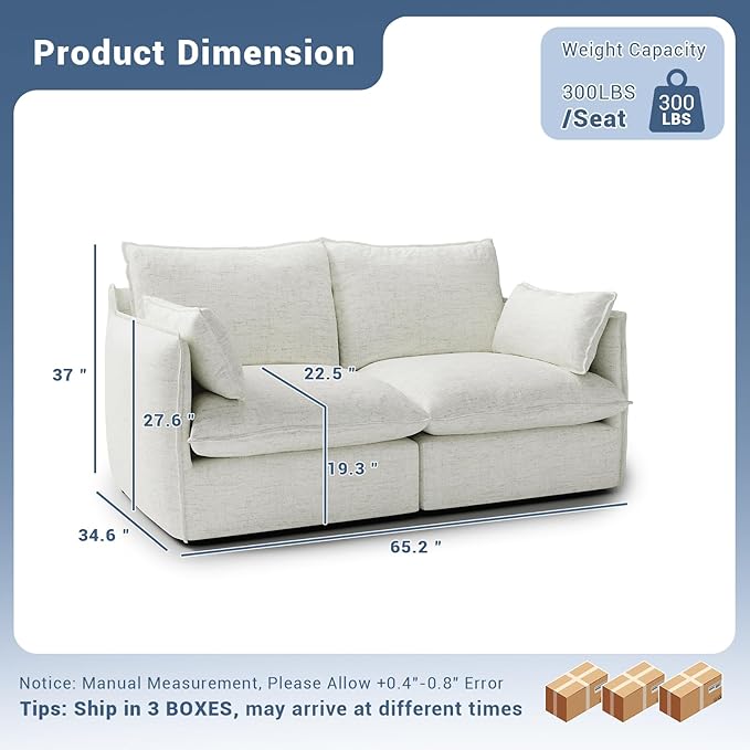 Lopzeho Cloud Modular Sectional Sofa, Waterproof Down Filled Sectional Sofa, High Backrest Loveseat Sectional Couches for Living Room, Modern Modular Couch with Removable Cover, Cream White