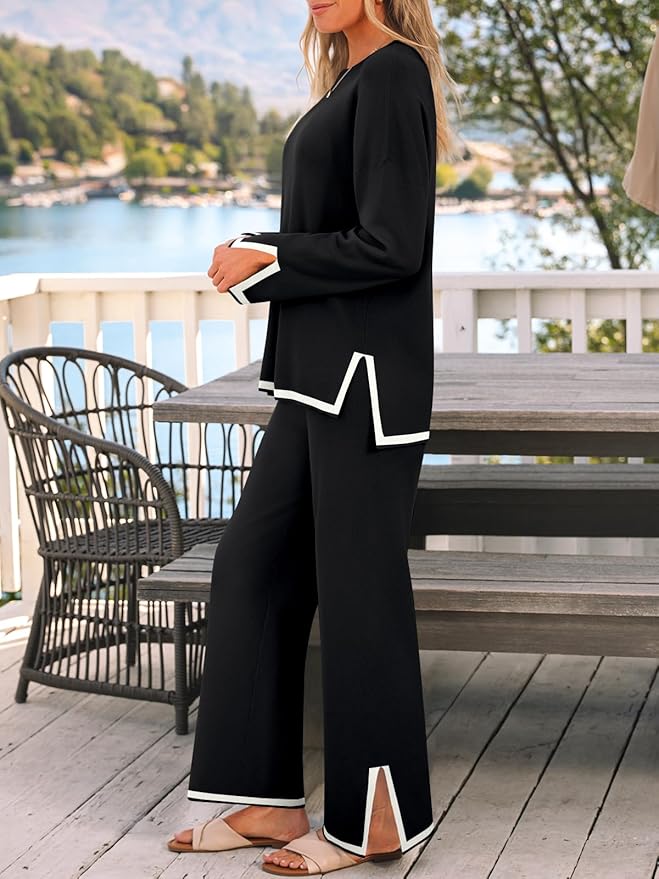 LILLUSORY Women Fall 2 Piece Lounge Set Outfits Sweatsuits Long Sleeve Sweater Tops Wide Leg Pants