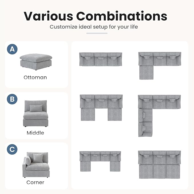 Oversized Modular Sectional Sofa,154inch Cloud Couch Deep Seat Sofa Cushion Covers Removable,LShaped Linen Sectional Couches for Living Room (7 Seater-Gray)