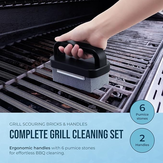 Powerstone Pumice Grill Stone Cleaning Block with Handle Set - Includes 2 Handles, 6 Pumice Stones for Cleaning Oven, Griddle, BBQ Grates, Stove, Flat Tops, Cookware, & Pans