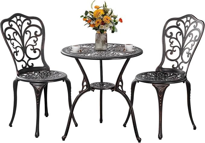 Withniture Outdoor Bistro Set 3 Piece Patio Bistro Set with Umbrella Hole, Weather Resistant Bistro Table and Chairs Set of 2 for Porch Garden, Bronze