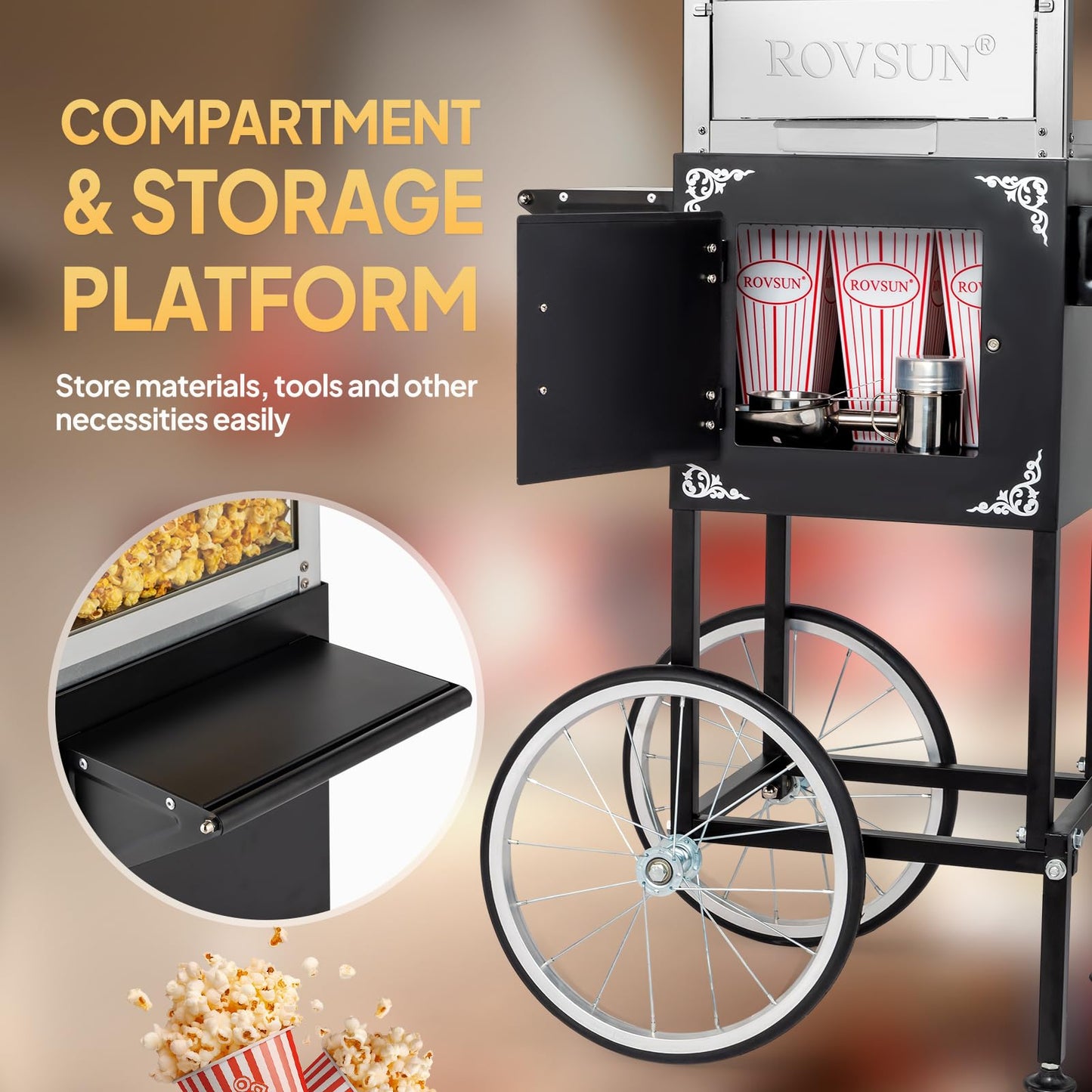 ROVSUN Popcorn Machine with Cart, 10 Oz Kettle Makes Up to 4 Gallons ETL Certified, Popcorn Maker w/Scoop, Oil Spoon, Bags & 3 Popcorn Cups, Movie Theater Style Popper for Commercial Home Party, Black