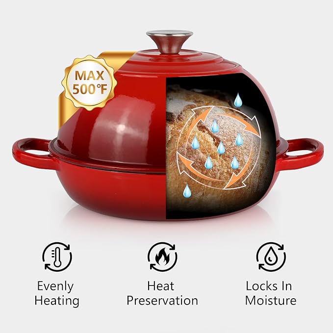 6QT Bread Dutch Oven Pot with Lid, Enameled Cast Iron Dutch Oven for Sourdough Bread Baking, Roasting, Stewing and Soup, Non-Stick Enamel Cookware for Oven/Stovetop, Perfect for Homemade Bread, Red