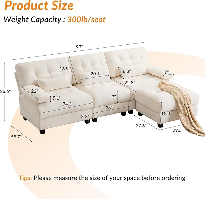 GRAINLLE 93'' Modular Sectional Cloud Couch with 1 Ottoman,Deep Seat Sleeper Sofa L Shaped Sectional Couch,Convertible Upholstered Comfy Chenille Sectional Sofa for Living Room,Bedroom(Ivory)