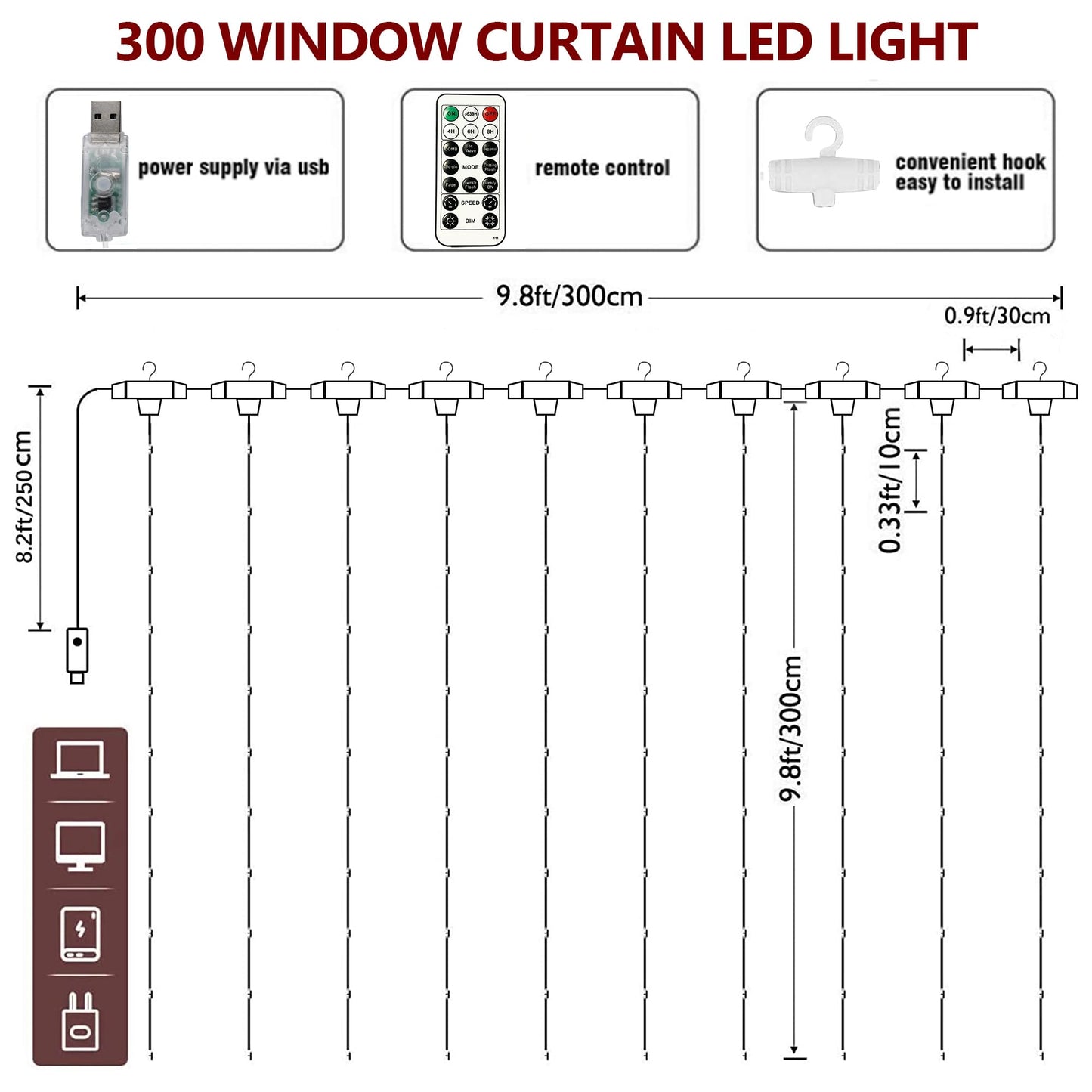 HOME LIGHTING Window Curtain String Lights, 300 LED 8 Lighting Modes Fairy Copper Light with Remote, USB Powered for Christmas Party Wedding Home Decorations (Warm White)