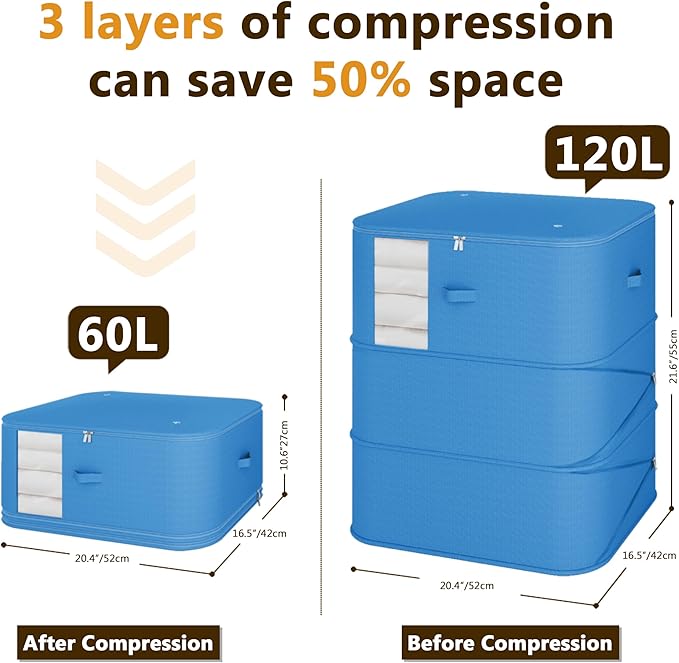 5-Pack Vacuum Storage Bags – Compressible & Foldable Closet Organizer Bags with Reinforced Handles, Suitable for Storing Clothes, Blankets, Down Comforters, Bed Sheets, Pillows & Toys (Blue)