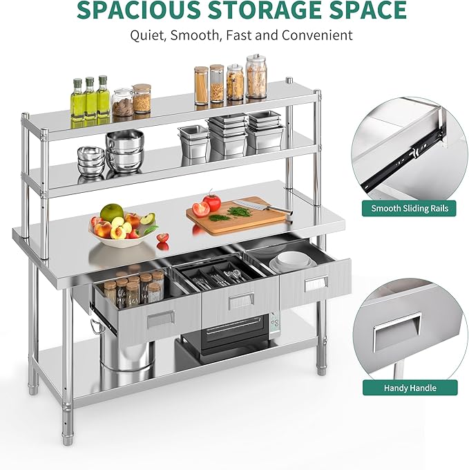 YITAHOME 60" X 24" NSF Stainless Steel Table with Overshelves and 3 Drawers, Work Table with 60" X 12" Shelf & 3 Drawers, Metal Table Prep Table for Commercial Home Kitchen Restaurant Garage Warehouse