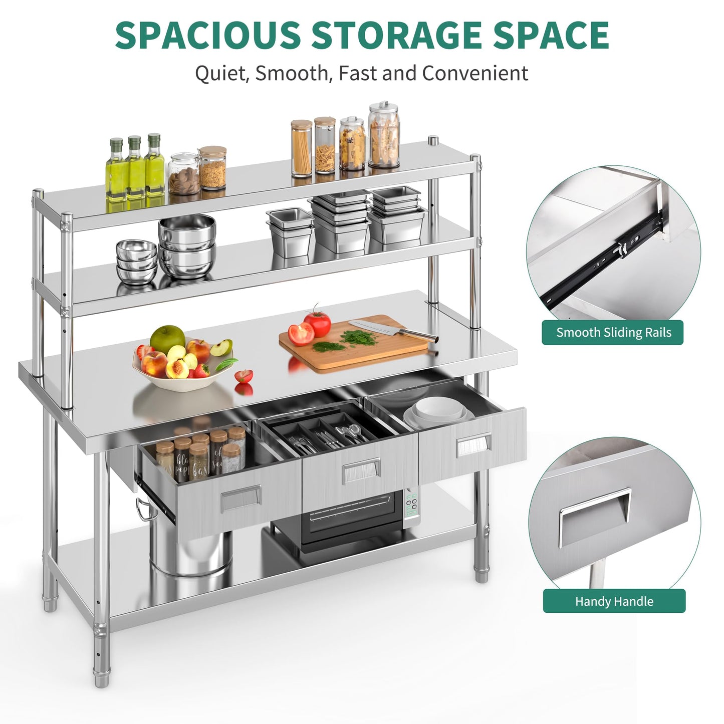 YITAHOME 60" X 24" NSF Stainless Steel Table with Overshelves and 3 Drawers, Work Table with 60" X 12" Shelf & 3 Drawers, Metal Table Prep Table for Commercial Home Kitchen Restaurant Garage Warehouse