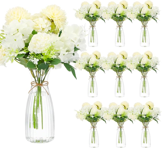 Teecyhooo 31 Pack Hydrangea Artificial Flowers with 10 Clear Plastic Vases 20 Bundles Silk Floral Bouquet Faux Arrangement...
