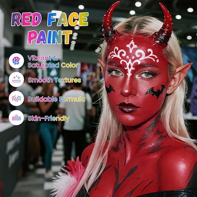 Red Face Paint, Water Based Facepaint, Non Toxic Red Body Paint, High Pigment Face Painting for Halloween, Easter, Costume, Cosplay, Clown Makeup 1.06 Oz.
