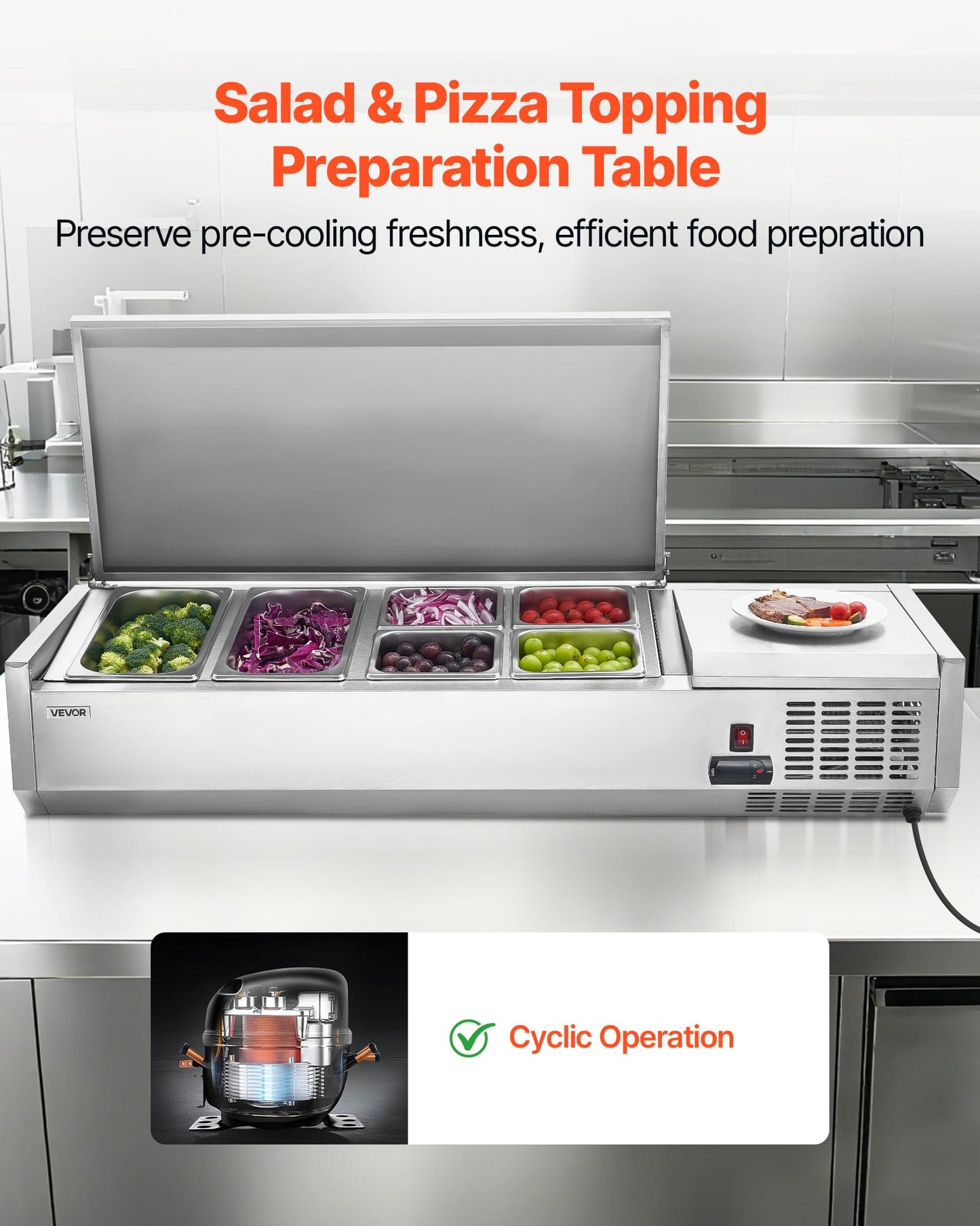 VEVOR Refrigerated Condiment Prep Station, 130 W Countertop Refrigerated Condiment Station, with Two 1/3 Pans & Four 1/6 Pans, 304 Stainless Body and PC Lid, Sandwich Prep Table with Stainless Guard