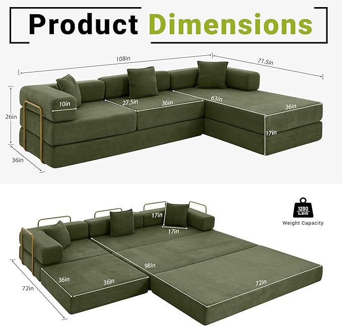 108" Oversized Convertible Sleeper Sofa Bed, Corduroy L Shape Sectional Couch, Folding Sofa Bed with Fixed-Shape Frame, Modern Cloud Floor Mattress Couch, Modular Sofa for Living Room, Green