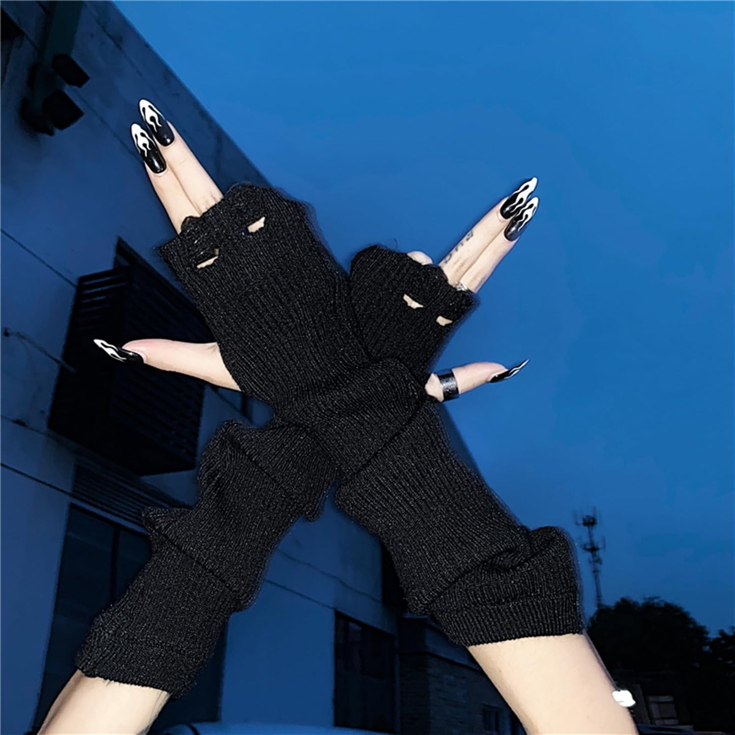 URAWESO Goth Gloves Grunge Emo Fingerless Arm Warmers Gothic Punk Thumbhole Ripped Hip Hop Y2k Arm Sleeves Cosplay