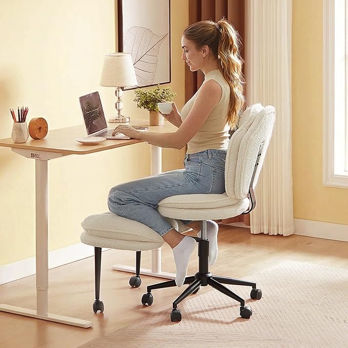 Ergonomic Cross Legged Office Chair for ADHD, Kneeling Chair with 360° Swivel Wheels and Reversible Seating for Meditation, Adjustable Height and Seat Deapth, Teddy Fabric, White