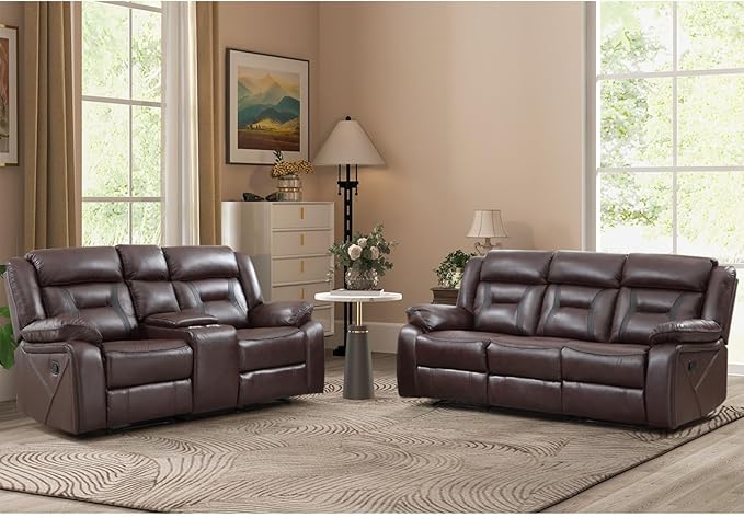 EBELLO Manual Recliner Sofa Set, Faux Leather Reclining Living Room Furniture Set, Included Loveseat and 3 Seat Manual Recliner Sofa, Dark Brown(Loveseat+Sofa)