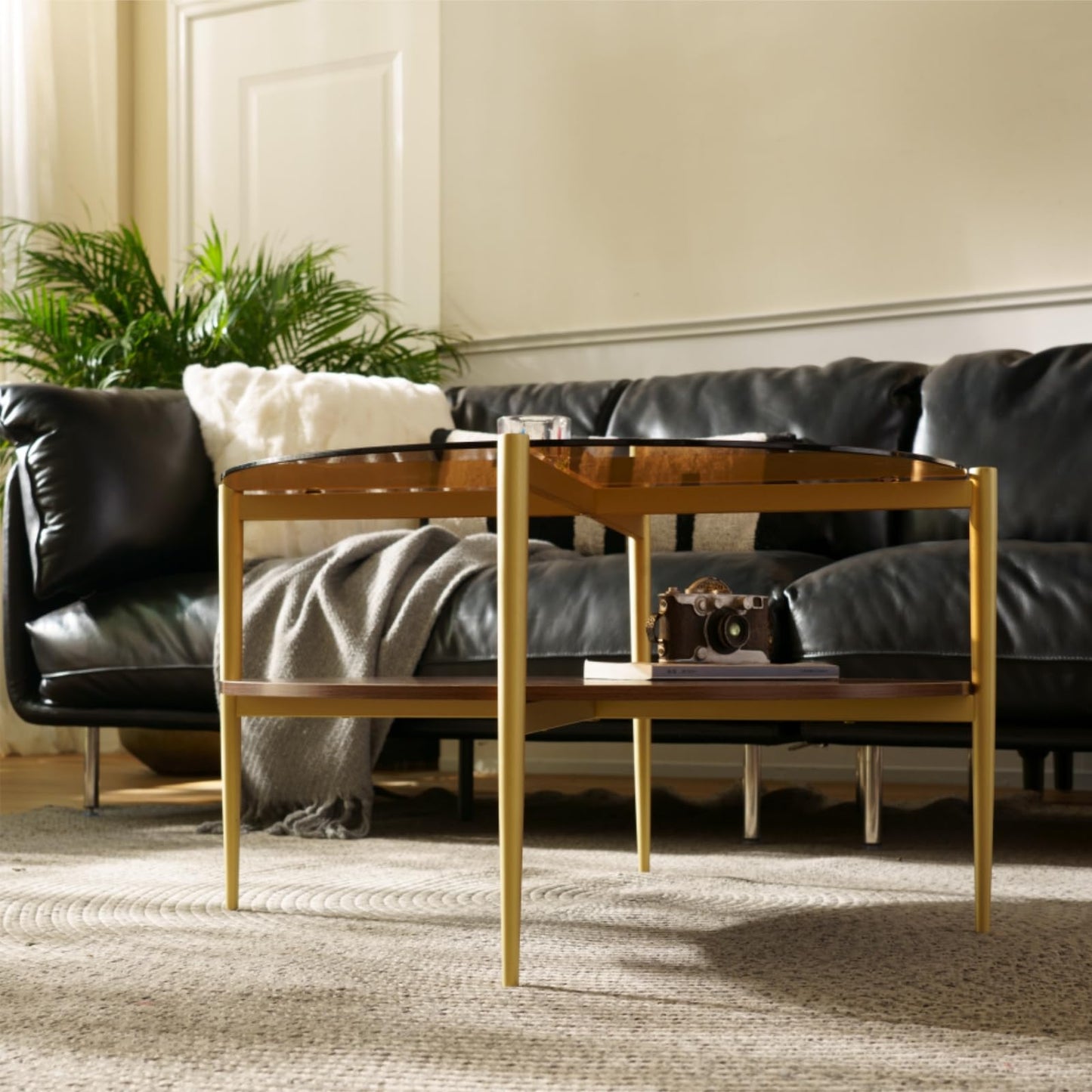 Saint Mossi Glass Round Coffee Table for Living Room, Middle-Century Modern Style, Coffee Brown Glass Top & Walnut Brown MDF Wood Top, with Gold Finish Legs & Frame