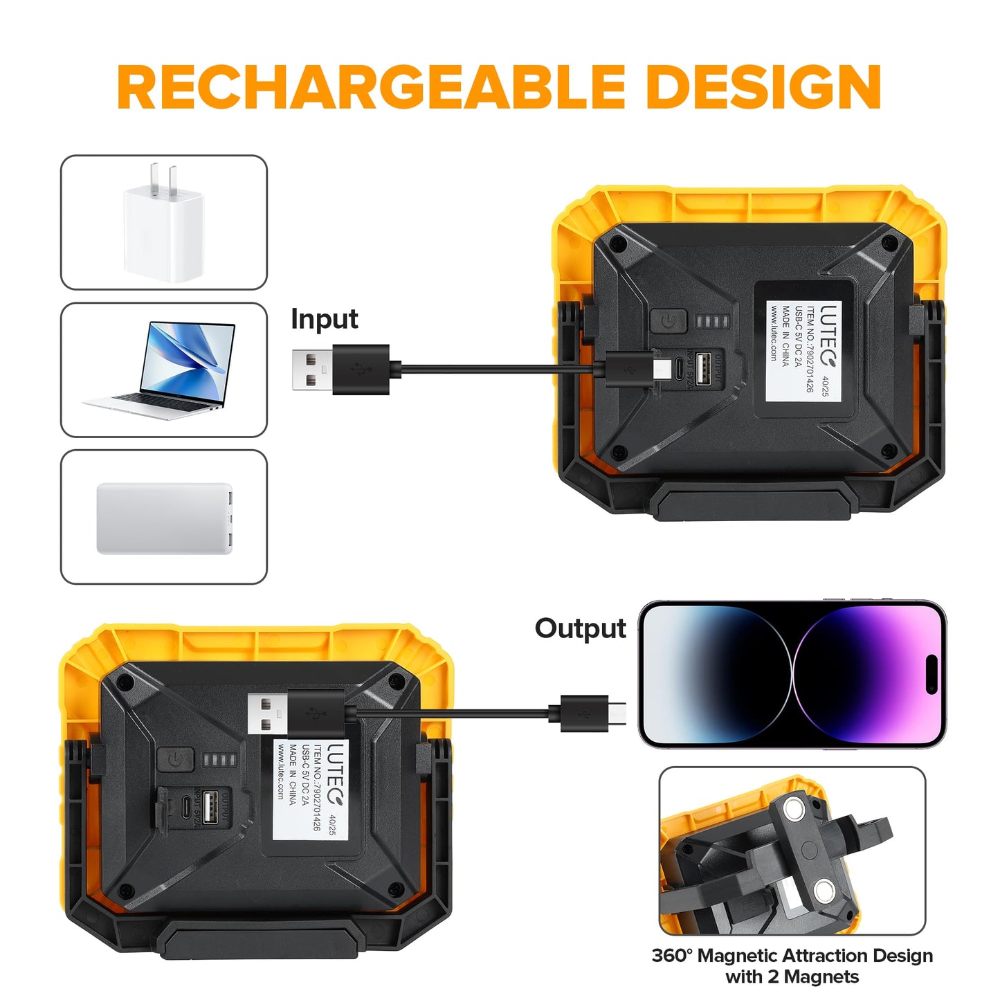 LUTEC 2 Pack 3500LM LED Work Light, Rechargeable Magnetic Work Lights with Stand, Portable 5000K Flood Light for Car Repair, Fishing, Camping, Emergency, Hiking, 3 Modes
