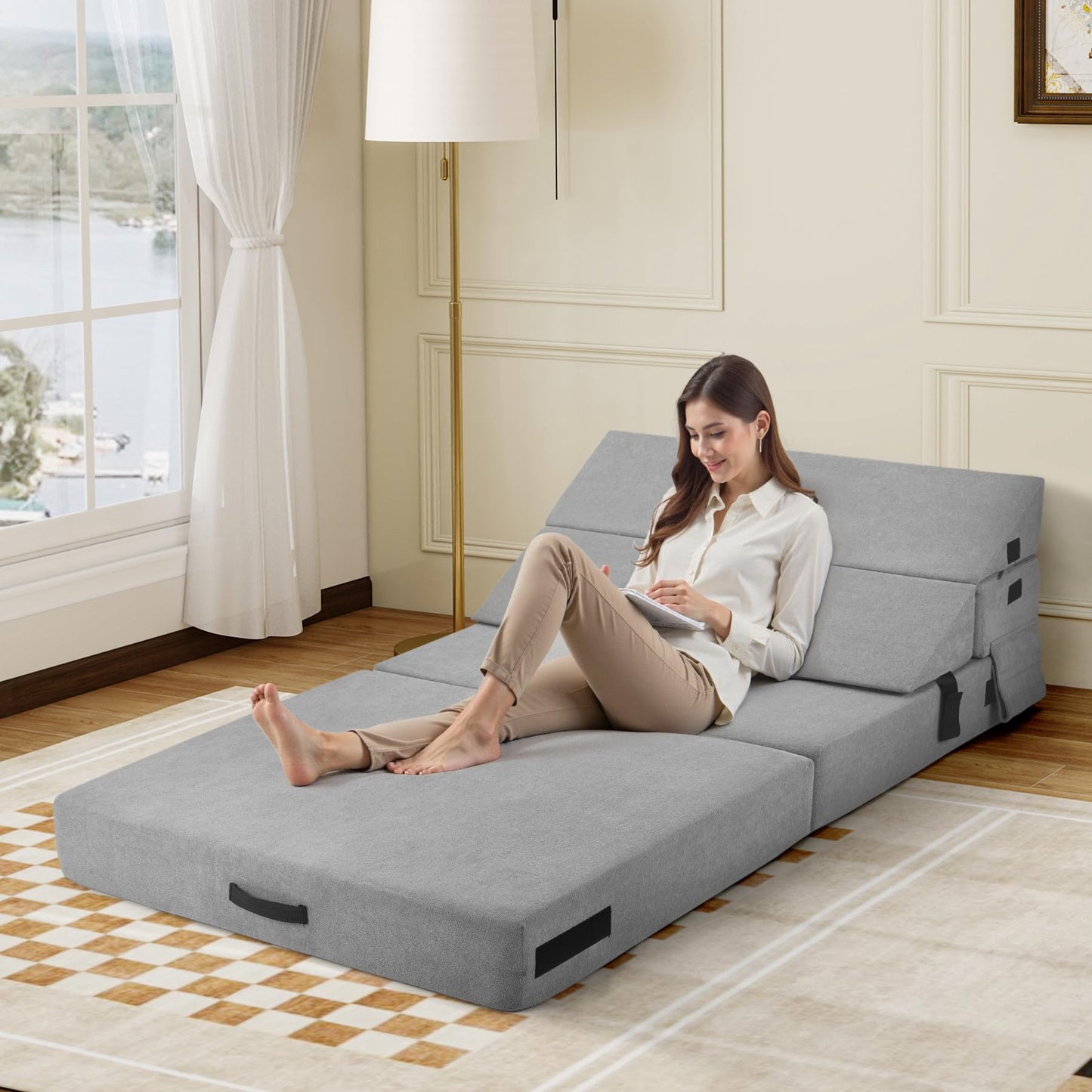 Aivermeil Folding Sofa Bed Couch Futon Sleeper Chair with Pillow, Convertible Futon Couch, Foldable Mattress, Washable Cover, for Living Room/Dorm/Guest Room, Twin Size, Dark Grey