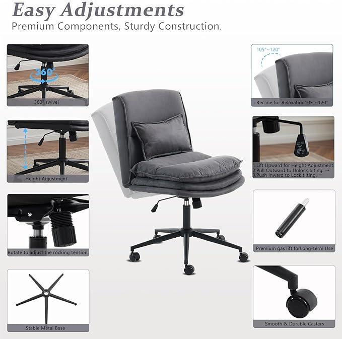VINGLI Cloud Criss Cross Legged Chair,18" High Back Armless Home Office Desk Chair with Wheels,Wide Adjustable Comfy Padded Seat Task Computer Chair,Modern Swivel Makeup Vanity Chair,Microfiber,Grey