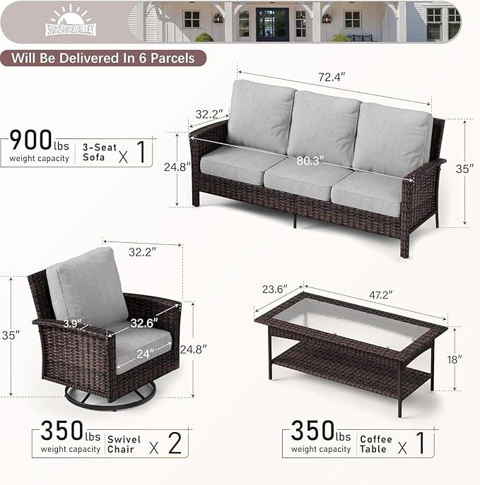 SUNSHINE VALLEY Patio Furniture Set with Swivel Chairs, High Back Wicker Rattan Furniture with 5.5" Thick Cushions and Coffee Table, Outdoor Conversation Set for Backyard Deck,5 Seats, Grey