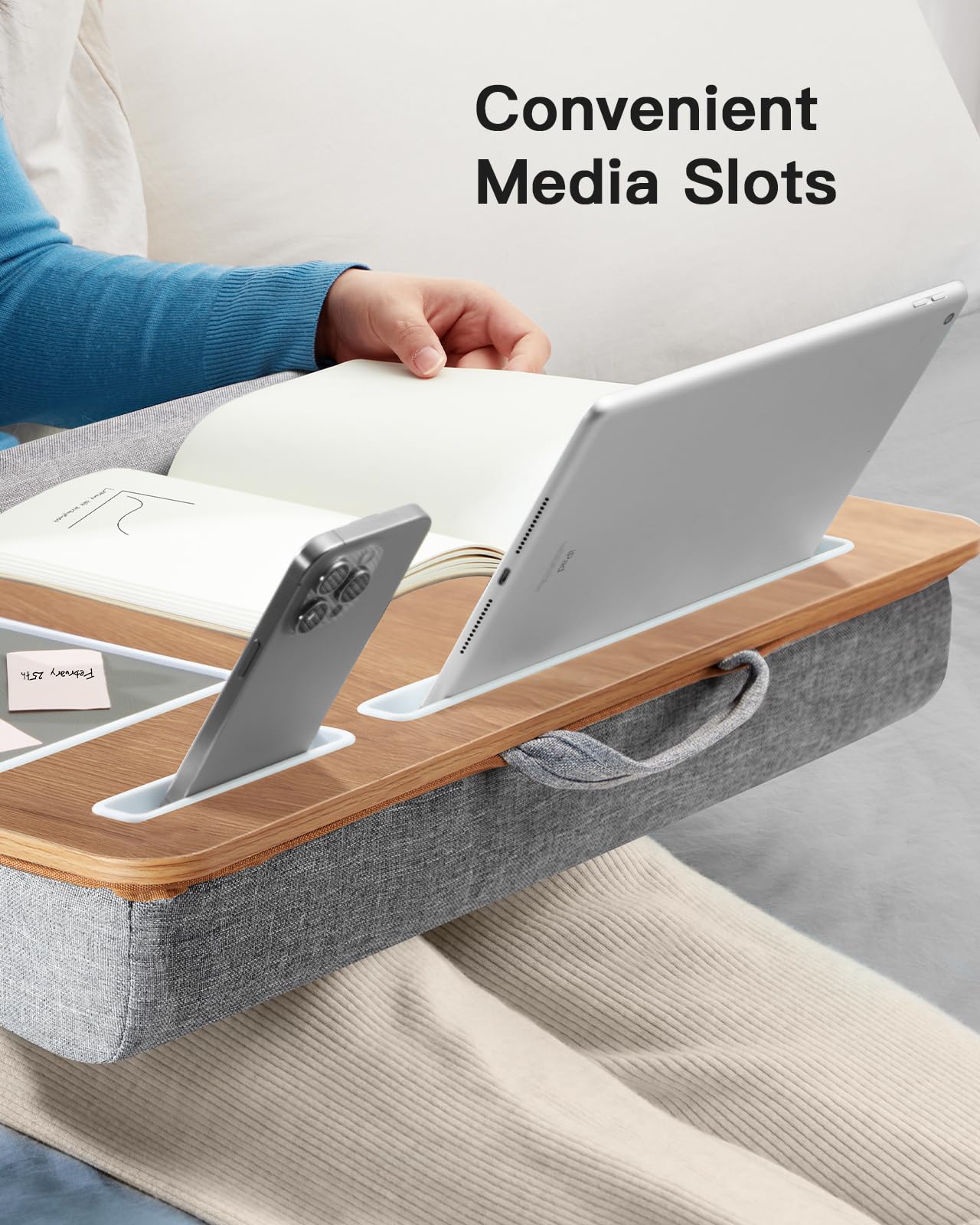 HUANUO Lap Desk - Fits up to 17 inches Laptop Desk, Built in Mouse Pad & Wrist Pad for Notebook, Laptop, Tablet, Lap Stand with Tablet, Pen & Phone Holder (Wood Grain)