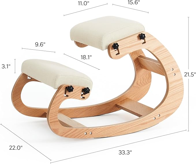 HoeuThien Ergonomic Kneeling Chair, Adjustable Rocking Office Chair Wooden Knee Chair Posture Chair for Home Office Back Pain Relief, Beige